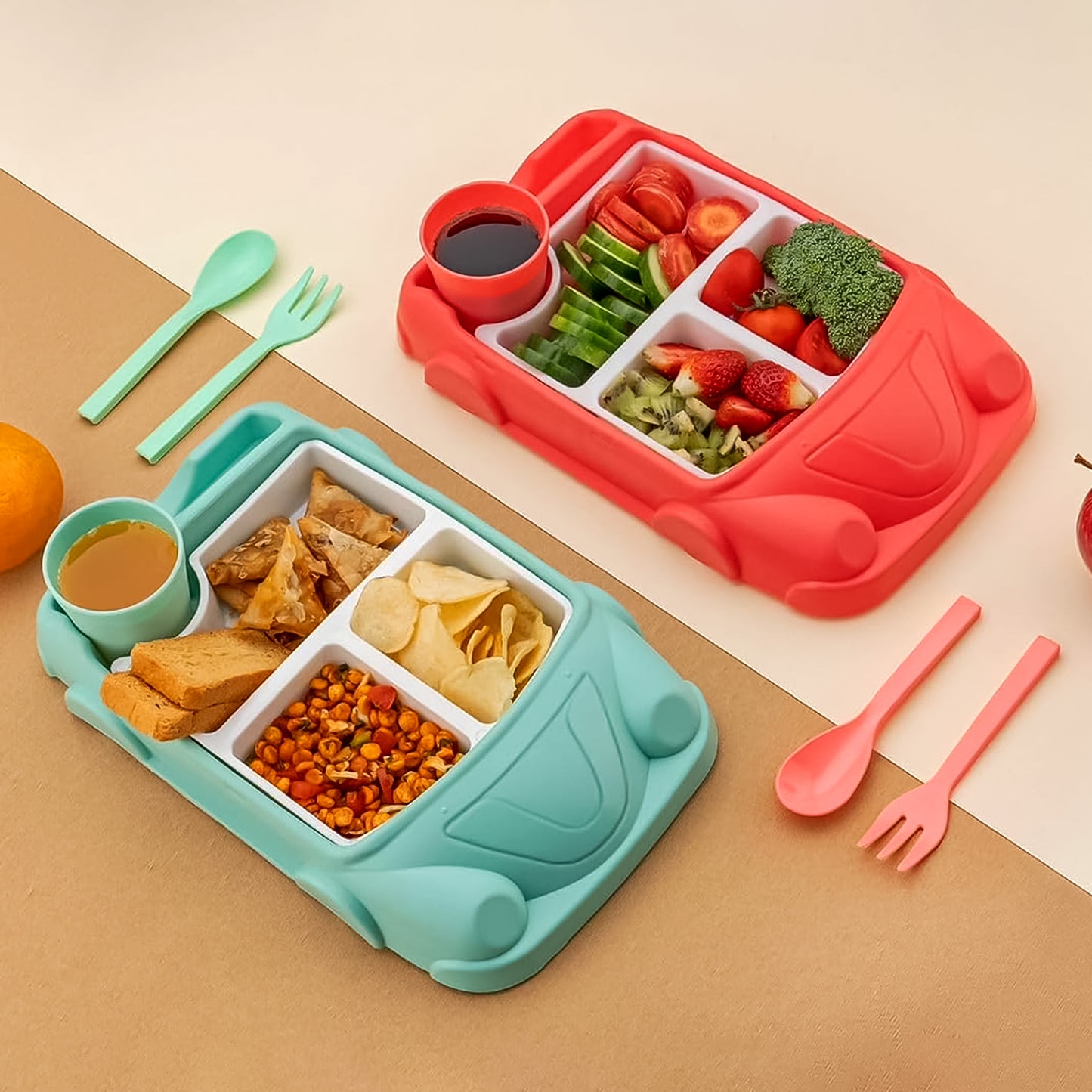Kids Car Shaped Plates Cup Lunch Box Dinnerware Set (4 Pcs Set 1000 Ml Lunch Box)