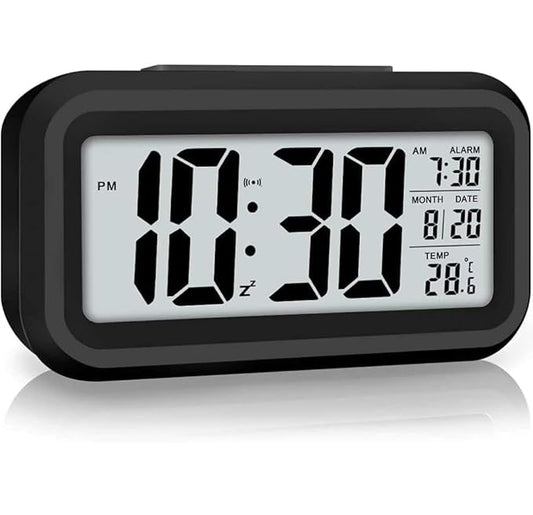 Digital Alarm Clock with Temperature Display, LCD Screen, Date and Time, 12/24 Hour Format, Black